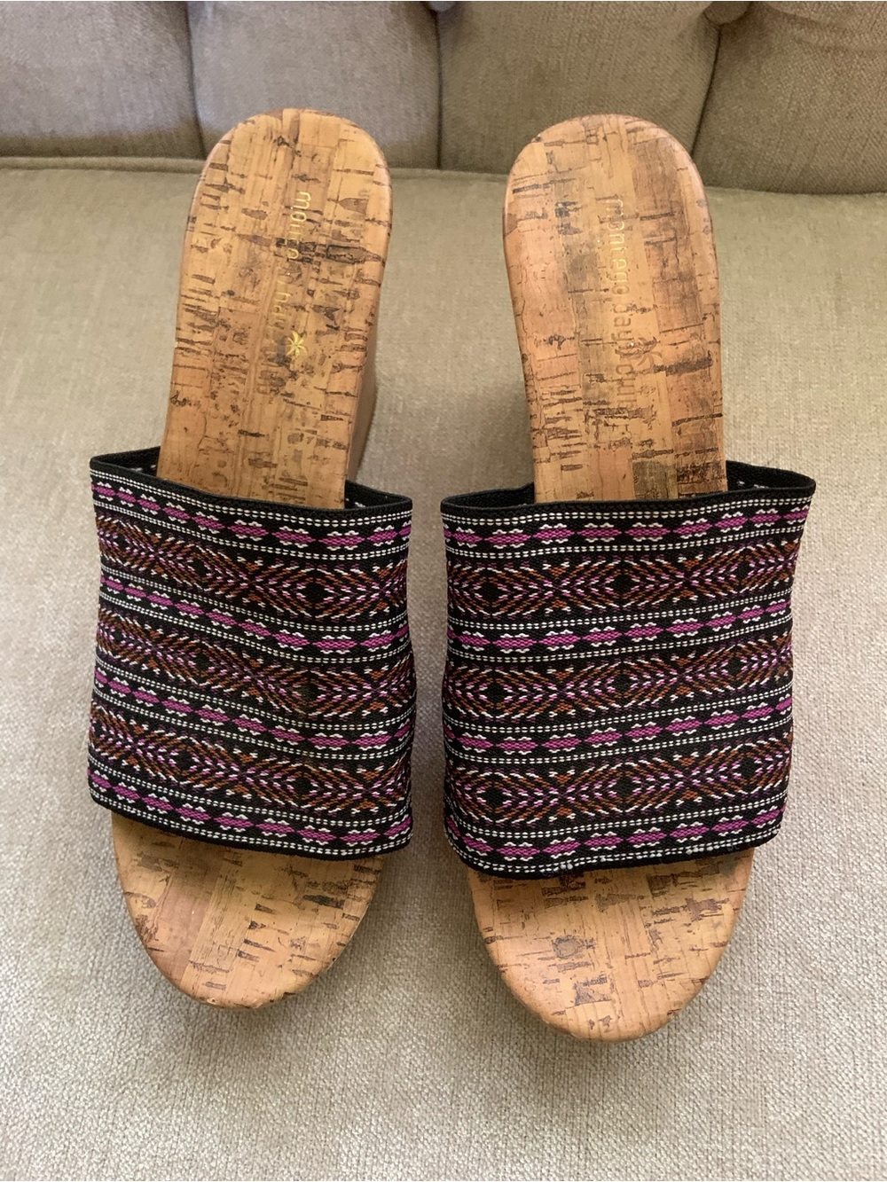 Montego Bay Club Black Woven Slide Sandals with Pink and Brown Pattern